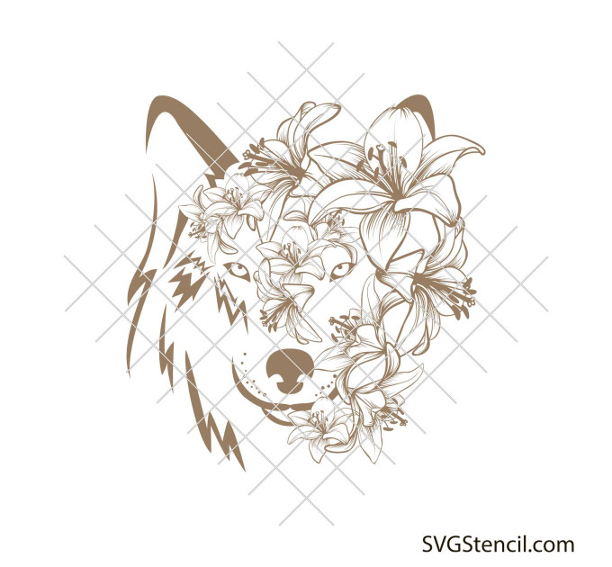 Wolf face with lilies svg