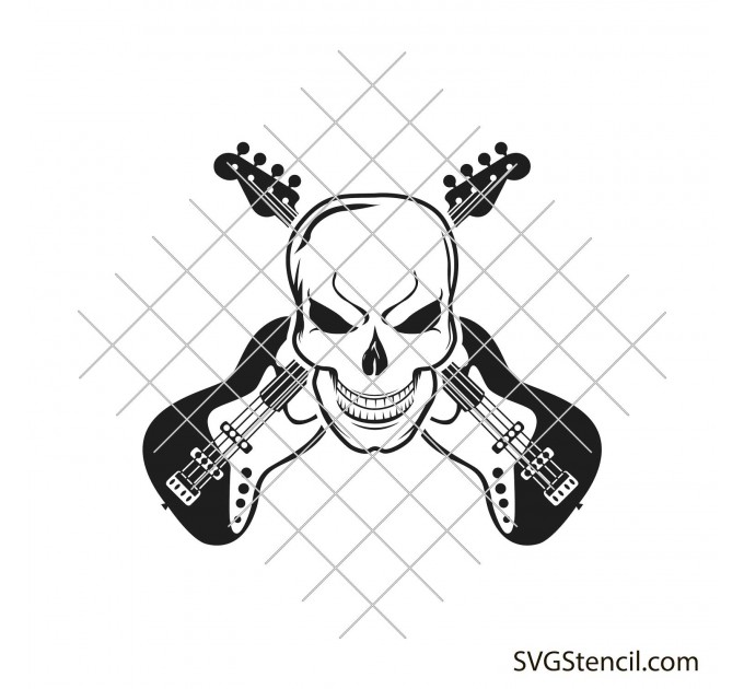 Crossed bass guitar with skull svg