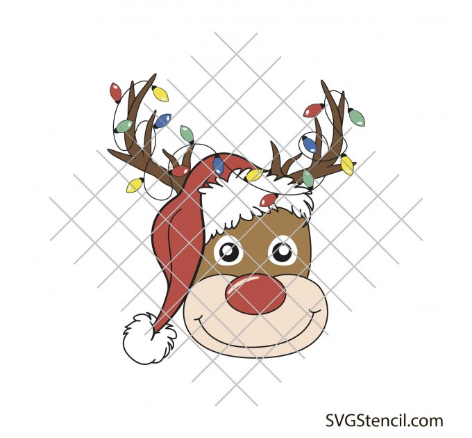 Christmas reindeer with lights png design | Deer with Santa hat svg | Christmas lights svg