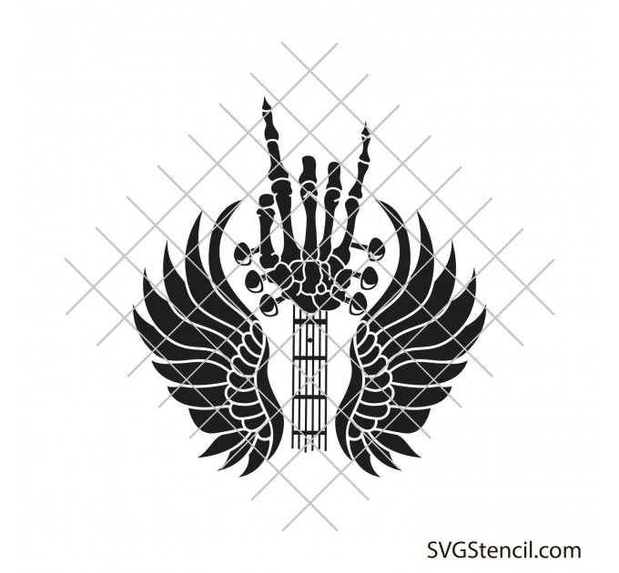 Rock and Roll skeleton hand with angel wings svg