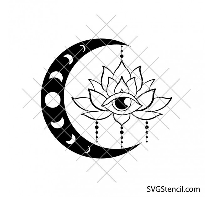 Moon with lotus flower svg | Crescent moon svg graphic | Floral moon svg