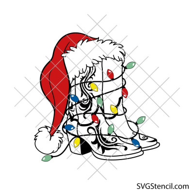 Cowboy boots Christmas svg | Western Santa hat lights cut file for cricut