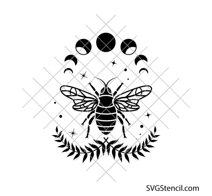 Celestial bee svg | Moon phases bee svg | Mystical insect svg | Botanical bee Silhouette | Cricut cut file