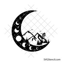 Moon phases mountain svg | Crescent moon landscape svg | Celestial nature art | Night sky svg | Cricut Cut File
