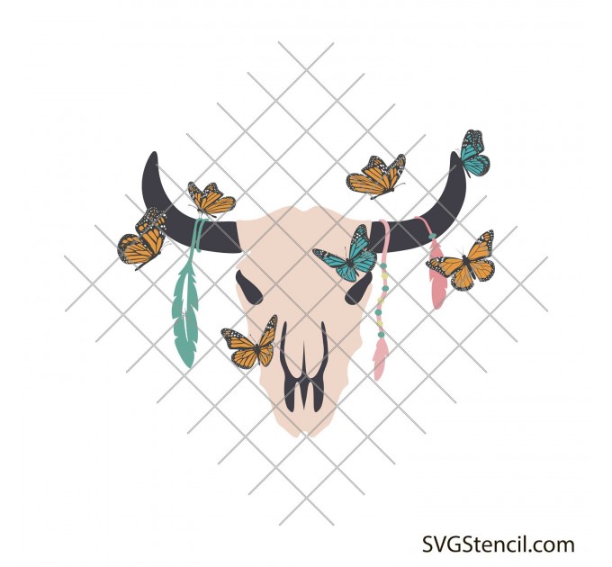 Cow skull with butterflies svg | Boho skull svg